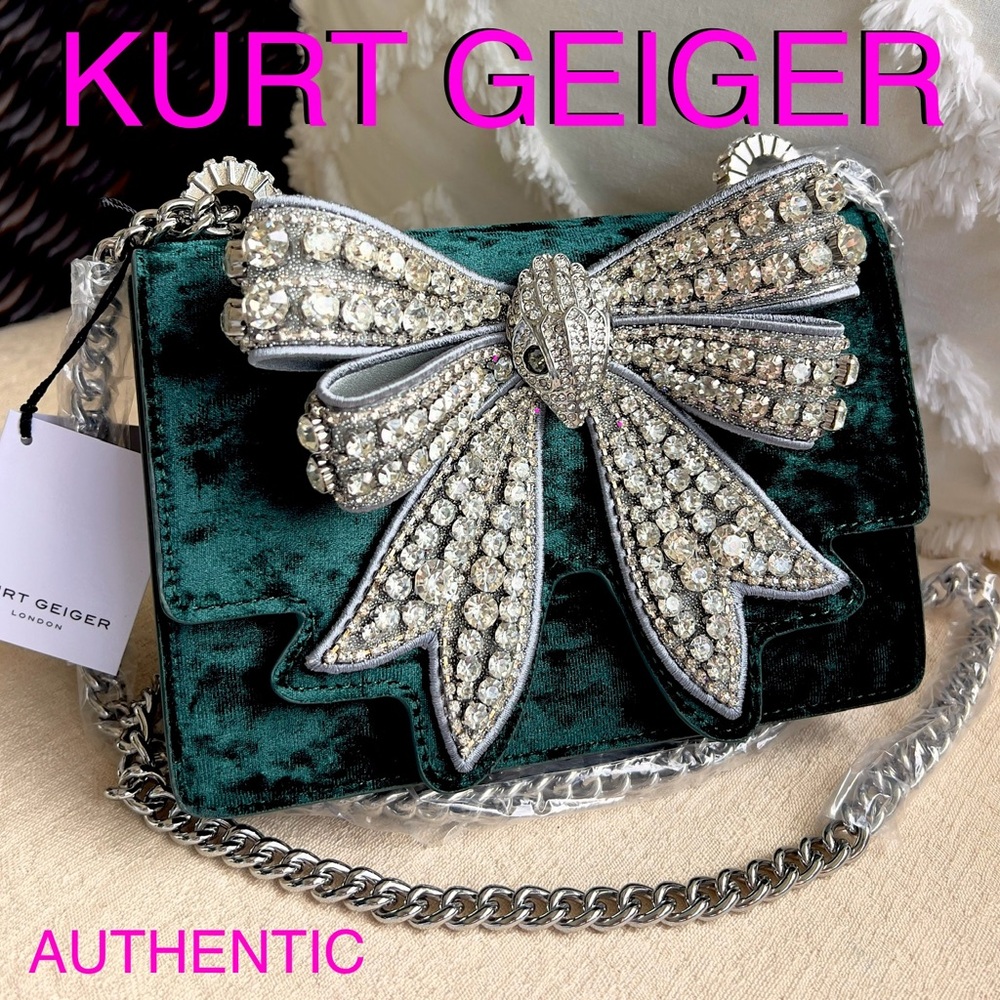 KURT GEIGER The Shoreditch Velvet Crystal Bow Evening bag dark green
